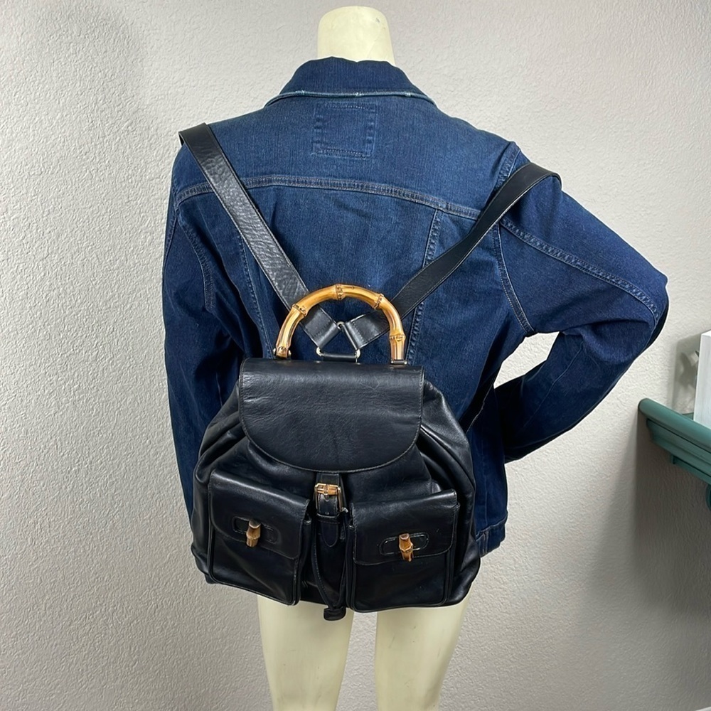 Gucci Leather Bamboo Backpack Black Designer Luxury Rucksack Twin Pocket - Picture 17 of 17